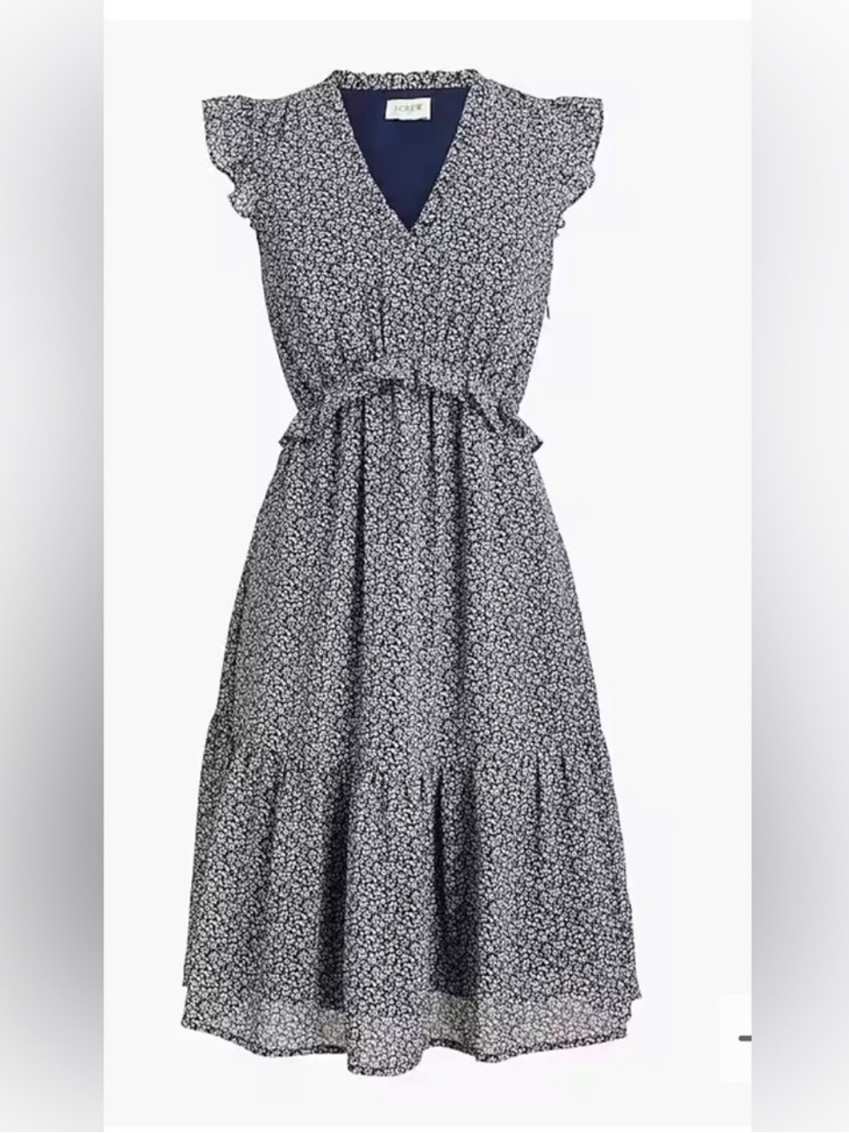 J. Crew Navy And White Floral V-Neck Midi Dress Size 14